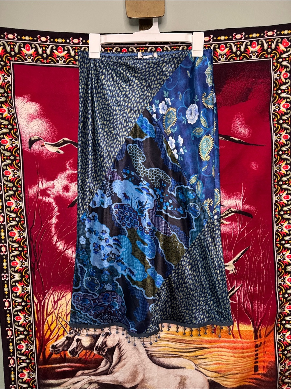 amazing y2k silky patchwork midi skirt